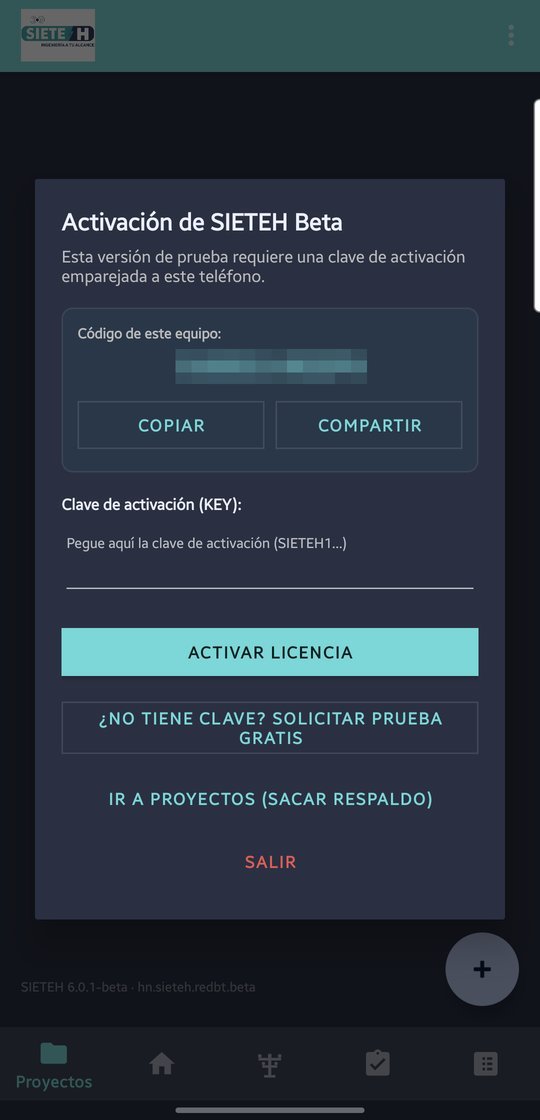 Diálogo de activación de licencia con el código de equipo, campo de clave y botones Copiar y Activar